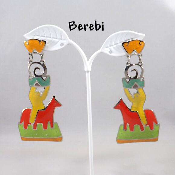 Vintage Edgar Berebi Enamel Long Earrings – Southwestern Horse Rider Design - Picture 1 of 10